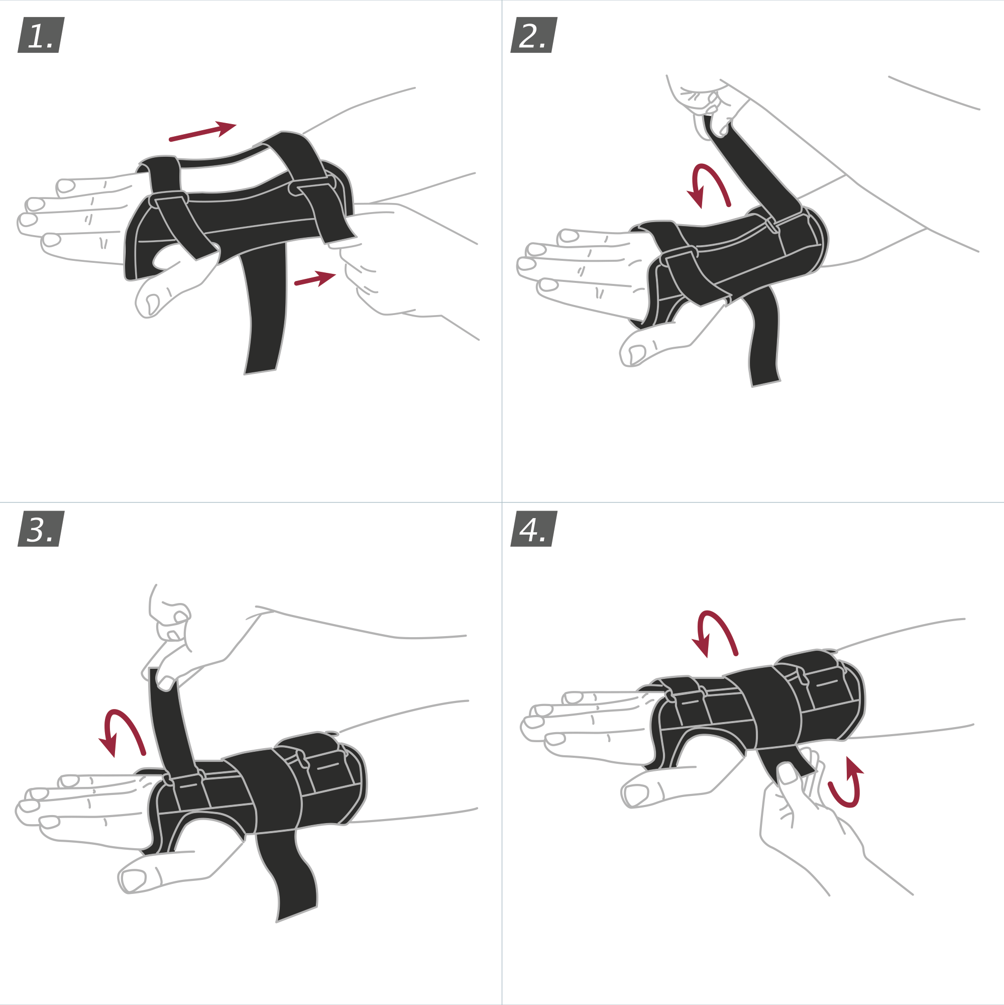 How to put on the Actimove Professional Line Manus Forte Wrist Brace: pull the brace over your wrist and close the straps
 How to put on the Actimove Professional Line Manus Forte Wrist Brace: pull the brace over your wrist and close the straps